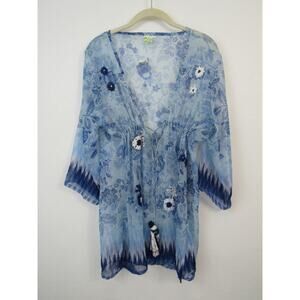 NWT Castaways Large Blue Semi Sheer Floral Embroidered Beaded Swim Suit Cover Up